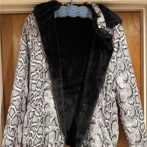 Fashion Nova Black and White Puffer Jacket with Snake Print